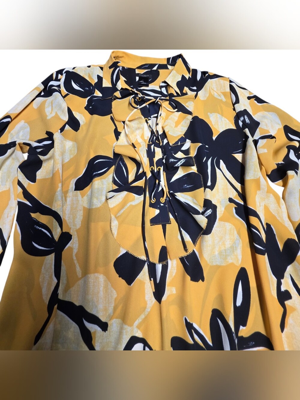 Ann Taylor Factory Yellow Floral Tunic with Navy Accents
